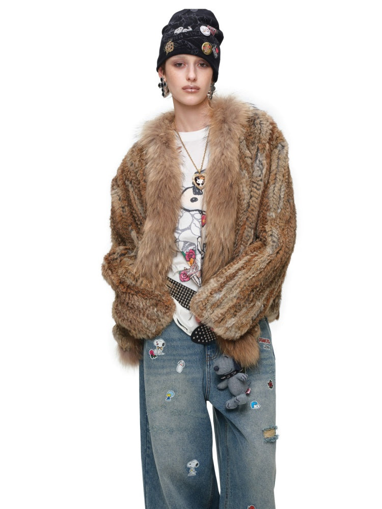 Natural Woven Raccoon Rabbit Fur Collar Coat【s0000018635】