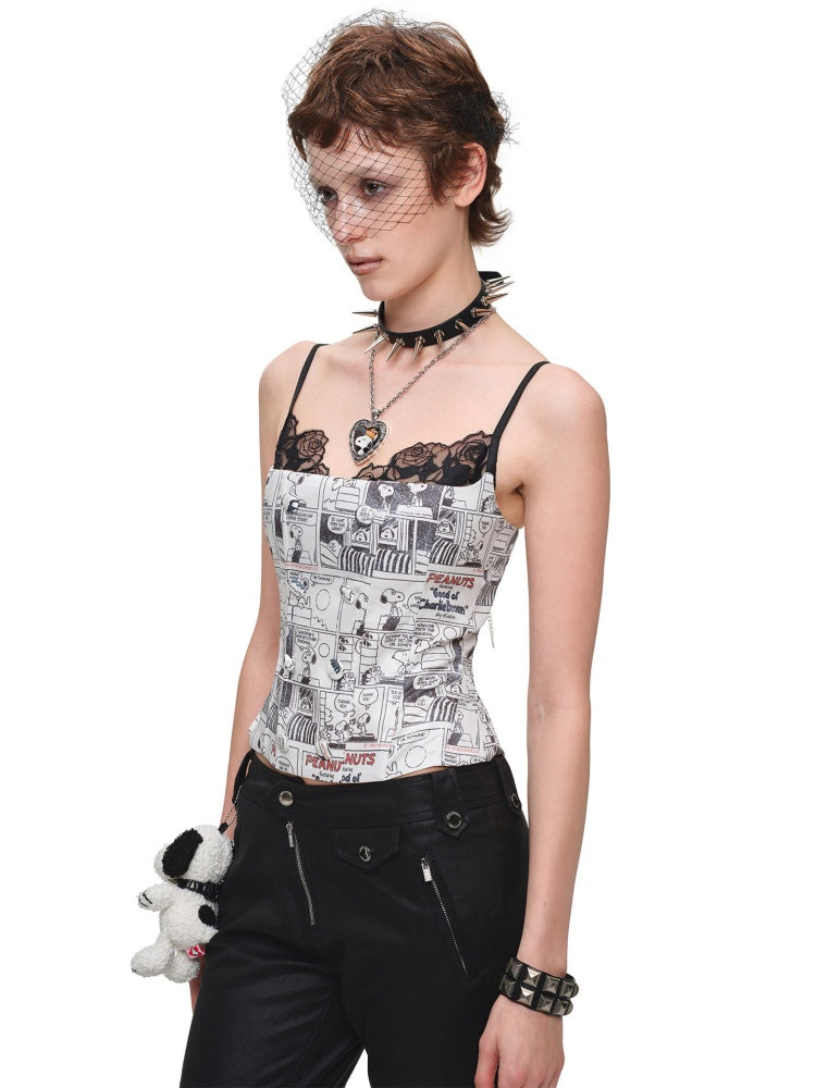1JINN STUDIO x Snoopy Collaboration Vintage Newspaper Lace Camisole【s0000018636】