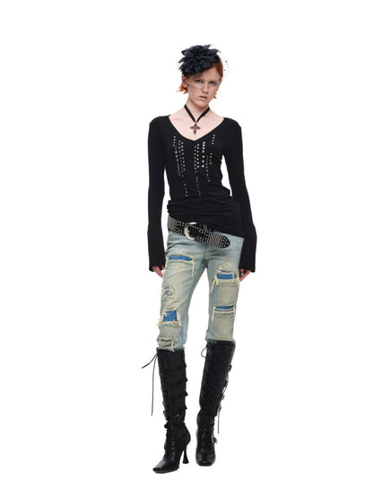 Riveted Rhinestone Slim Mid-Length Knit Base Layer【s0000018638】