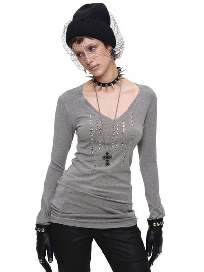 Riveted Rhinestone Slim Mid-Length Knit Base Layer【s0000018638】