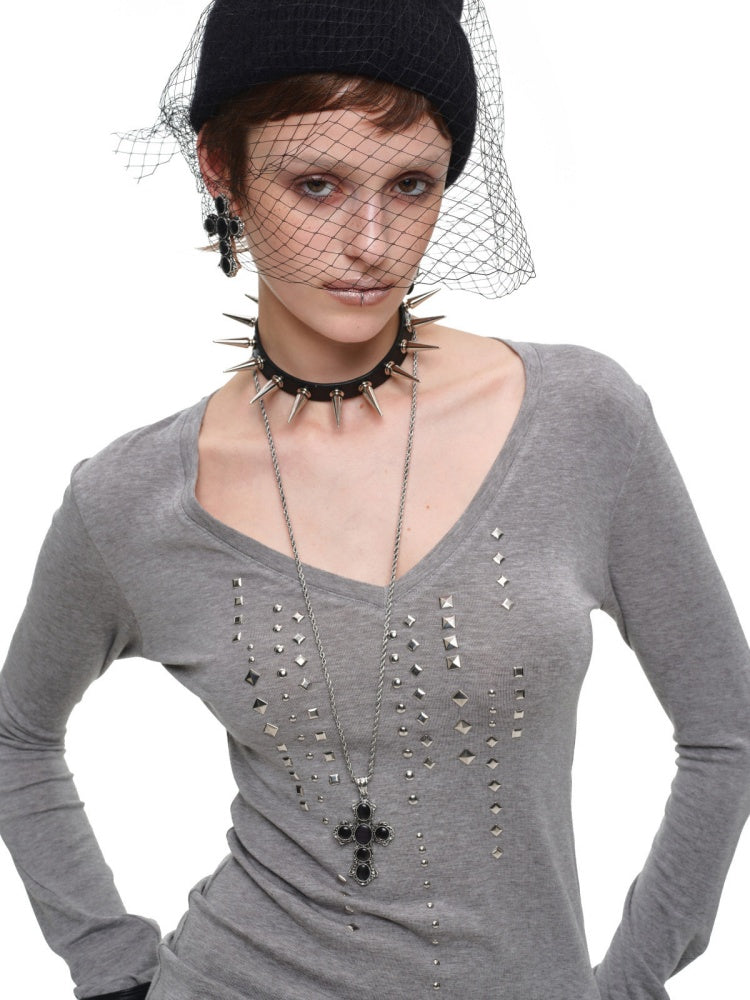 Riveted Rhinestone Slim Mid-Length Knit Base Layer【s0000018638】