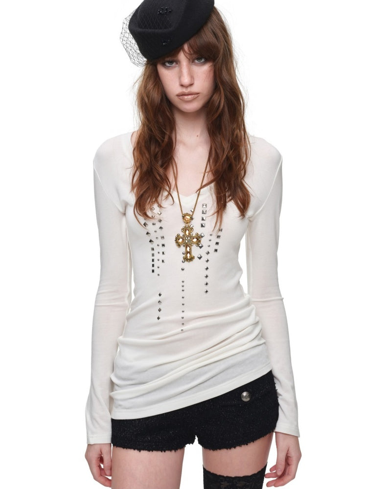 Riveted Rhinestone Slim Mid-Length Knit Base Layer【s0000018638】