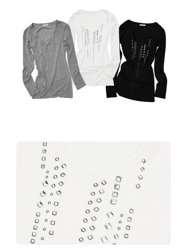Riveted Rhinestone Slim Mid-Length Knit Base Layer【s0000018638】