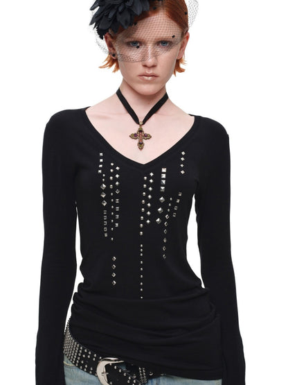 Riveted Rhinestone Slim Mid-Length Knit Base Layer【s0000018638】