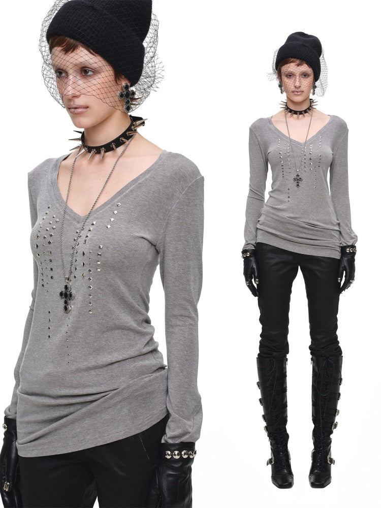 Riveted Rhinestone Slim Mid-Length Knit Base Layer【s0000018638】