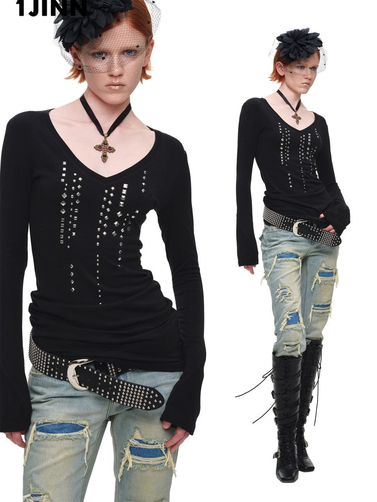 Riveted Rhinestone Slim Mid-Length Knit Base Layer【s0000018638】
