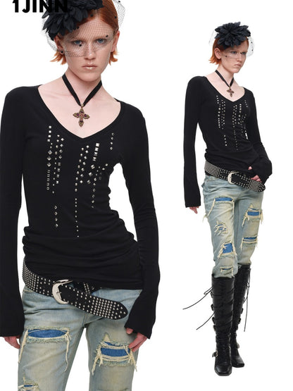 Riveted Rhinestone Slim Mid-Length Knit Base Layer【s0000018638】
