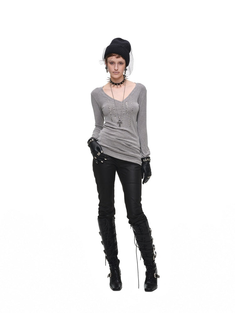 Riveted Rhinestone Slim Mid-Length Knit Base Layer【s0000018638】