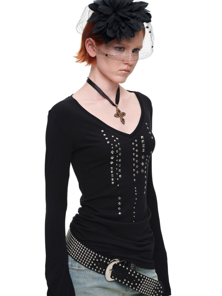 Riveted Rhinestone Slim Mid-Length Knit Base Layer【s0000018638】
