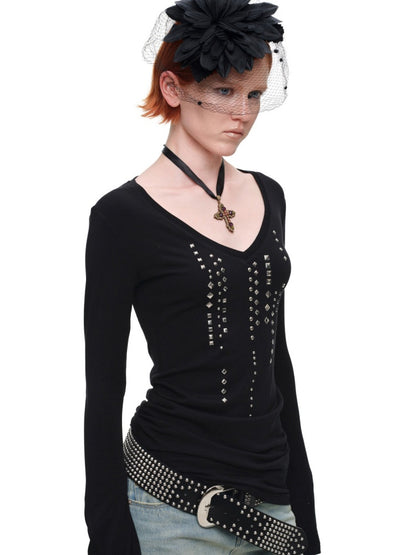 Riveted Rhinestone Slim Mid-Length Knit Base Layer【s0000018638】