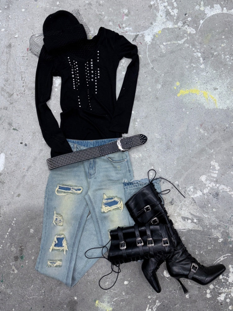 Riveted Rhinestone Slim Mid-Length Knit Base Layer【s0000018638】