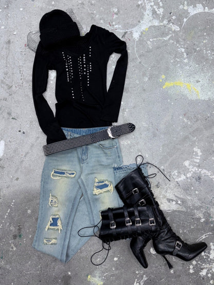 Riveted Rhinestone Slim Mid-Length Knit Base Layer【s0000018638】