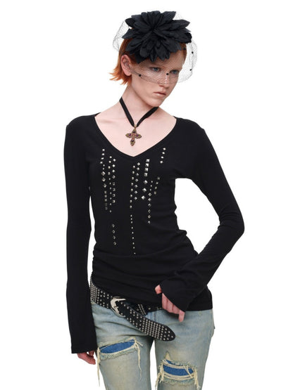 Riveted Rhinestone Slim Mid-Length Knit Base Layer【s0000018638】