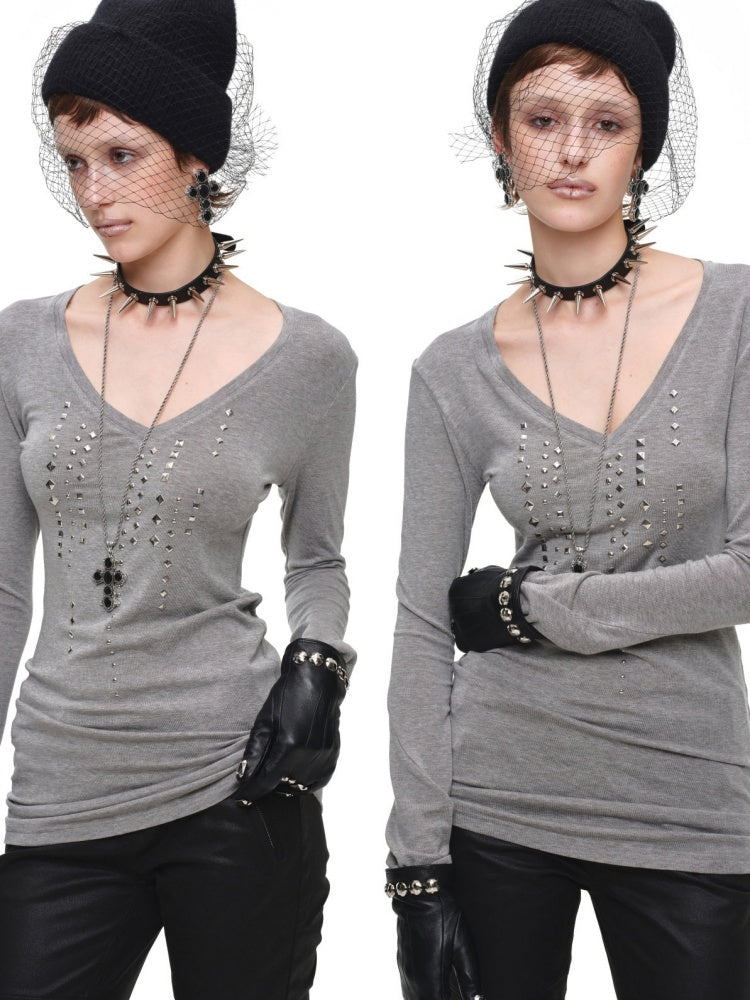 Riveted Rhinestone Slim Mid-Length Knit Base Layer【s0000018638】
