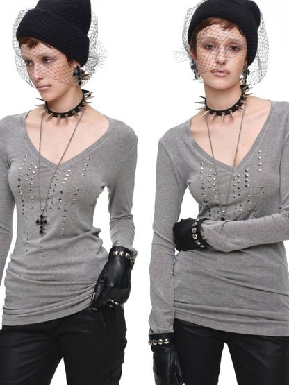 Riveted Rhinestone Slim Mid-Length Knit Base Layer【s0000018638】
