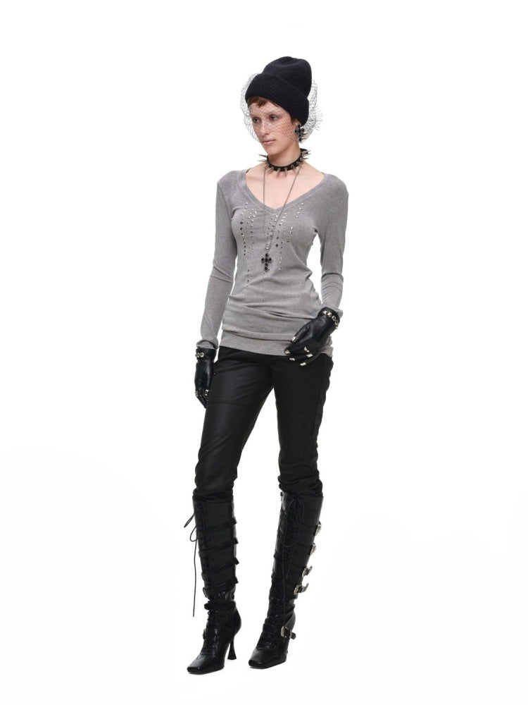 Riveted Rhinestone Slim Mid-Length Knit Base Layer【s0000018638】