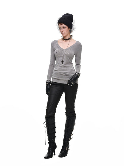 Riveted Rhinestone Slim Mid-Length Knit Base Layer【s0000018638】