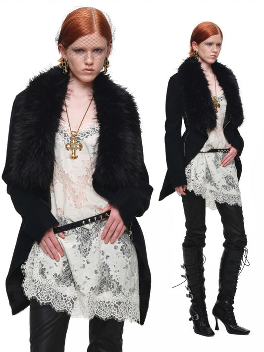 Fur Large Collar Mid-Length Diagonal Coat【s0000018639】