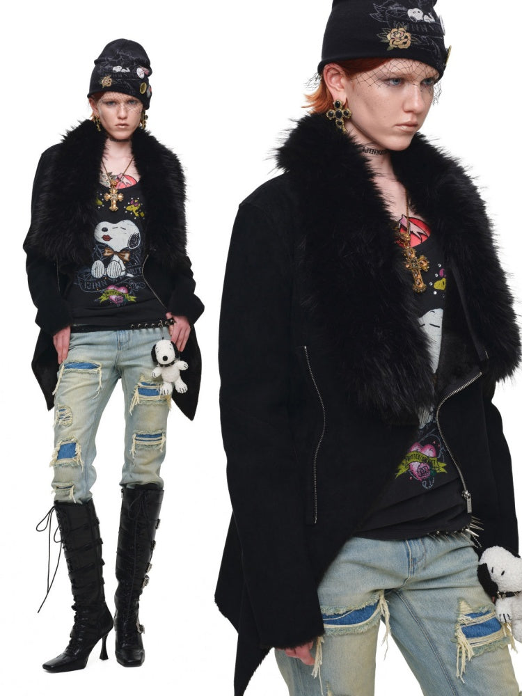 Fur Large Collar Mid-Length Diagonal Coat【s0000018639】