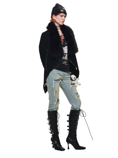 Fur Large Collar Mid-Length Diagonal Coat【s0000018639】