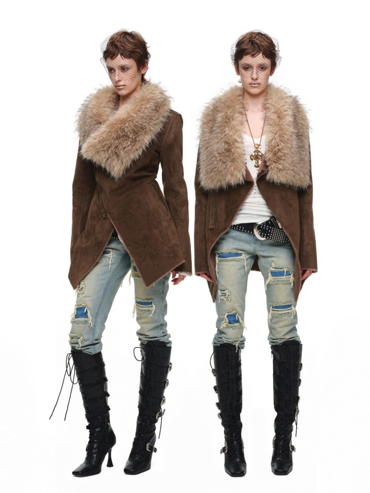 Fur Large Collar Mid-Length Diagonal Coat【s0000018639】
