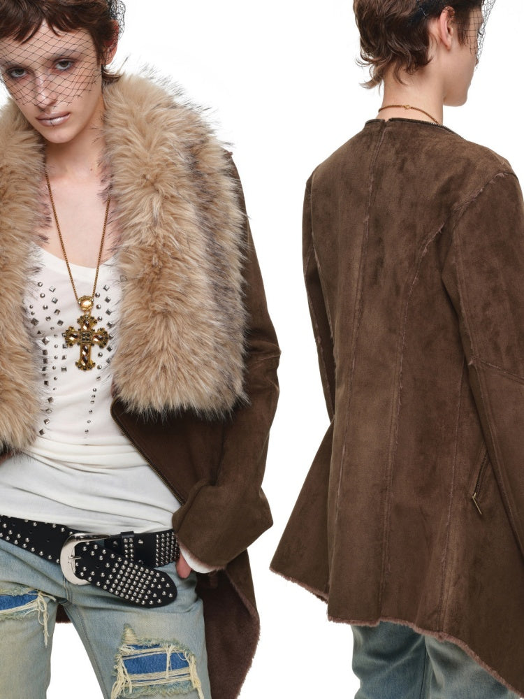 Fur Large Collar Mid-Length Diagonal Coat【s0000018639】