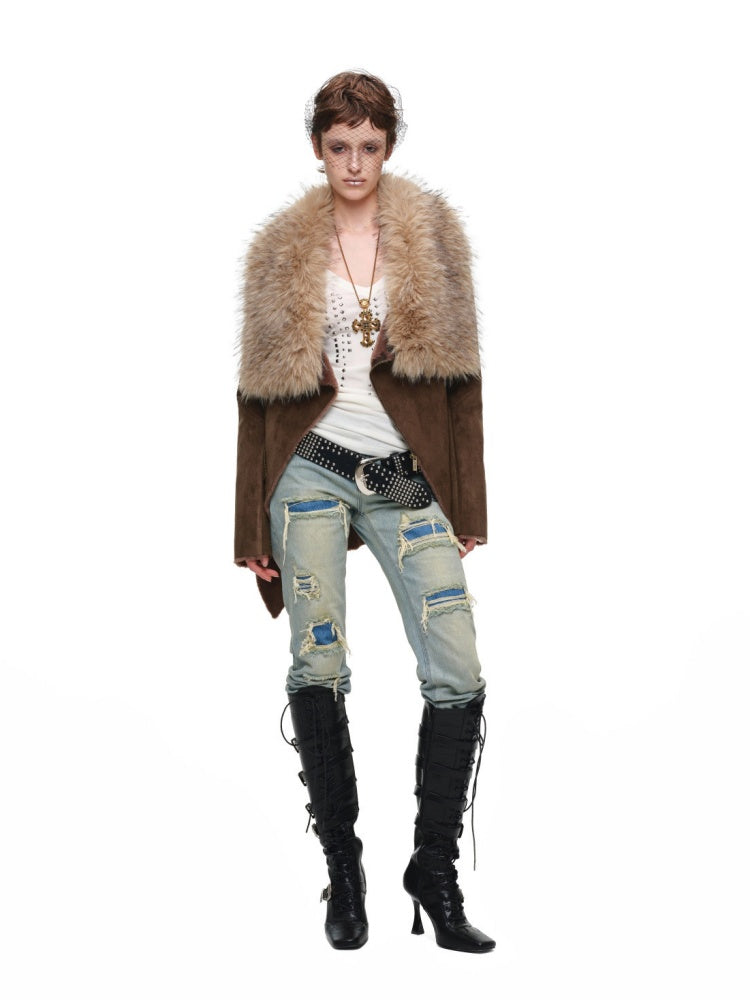 Fur Large Collar Mid-Length Diagonal Coat【s0000018639】