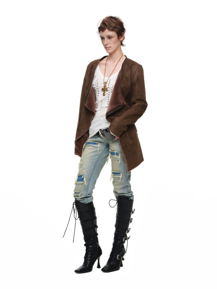 Fur Large Collar Mid-Length Diagonal Coat【s0000018639】
