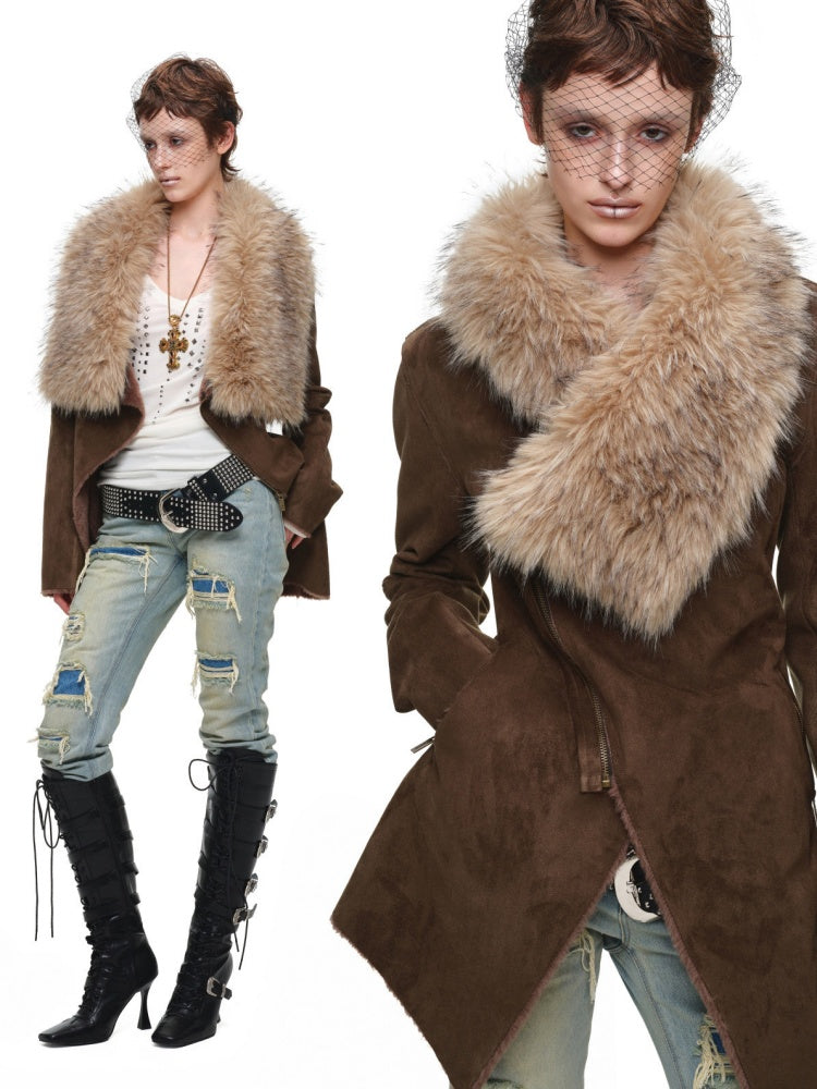 Fur Large Collar Mid-Length Diagonal Coat【s0000018639】