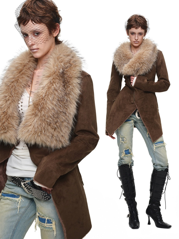 Fur Large Collar Mid-Length Diagonal Coat【s0000018639】