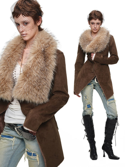 Fur Large Collar Mid-Length Diagonal Coat【s0000018639】