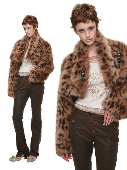 Retro Leopard Print Shorts Belted Long-Sleeve Fur Jacket【s0000018640】