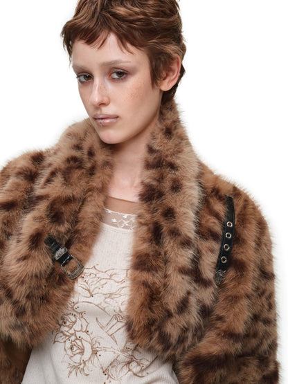 Retro Leopard Print Shorts Belted Long-Sleeve Fur Jacket【s0000018640】