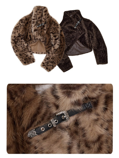 Retro Leopard Print Shorts Belted Long-Sleeve Fur Jacket【s0000018640】
