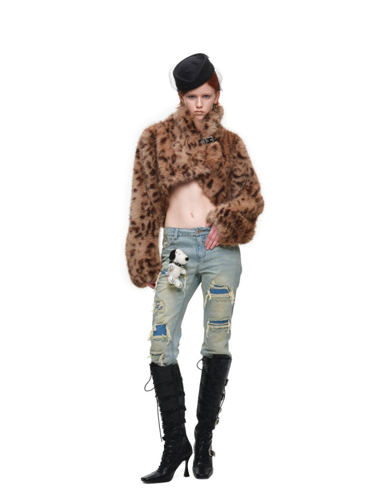 Retro Leopard Print Shorts Belted Long-Sleeve Fur Jacket【s0000018640】