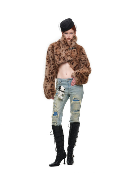 Retro Leopard Print Shorts Belted Long-Sleeve Fur Jacket【s0000018640】