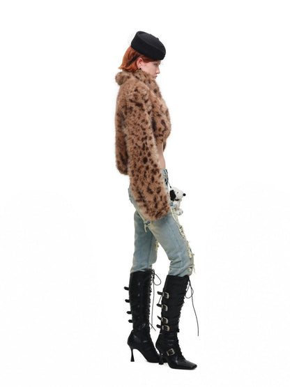 Retro Leopard Print Shorts Belted Long-Sleeve Fur Jacket【s0000018640】