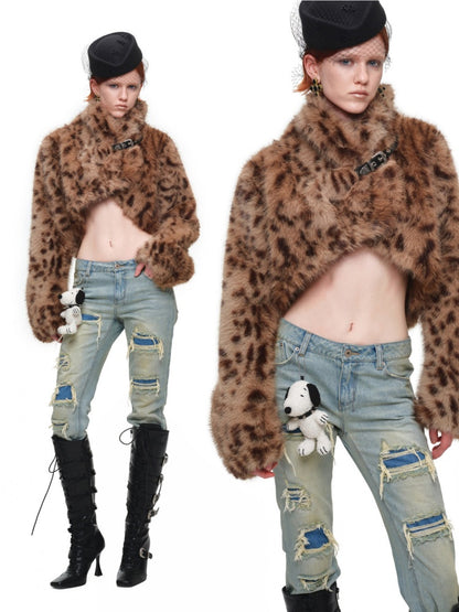 Retro Leopard Print Shorts Belted Long-Sleeve Fur Jacket【s0000018640】