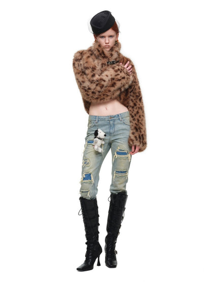 Retro Leopard Print Shorts Belted Long-Sleeve Fur Jacket【s0000018640】