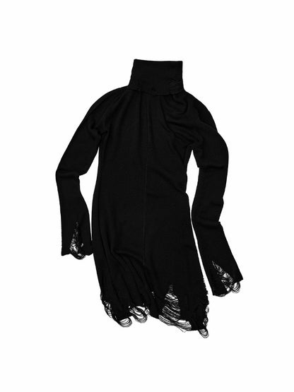 Black Turtleneck Hollow-Out Ripped Knit Dress【s0000018644】