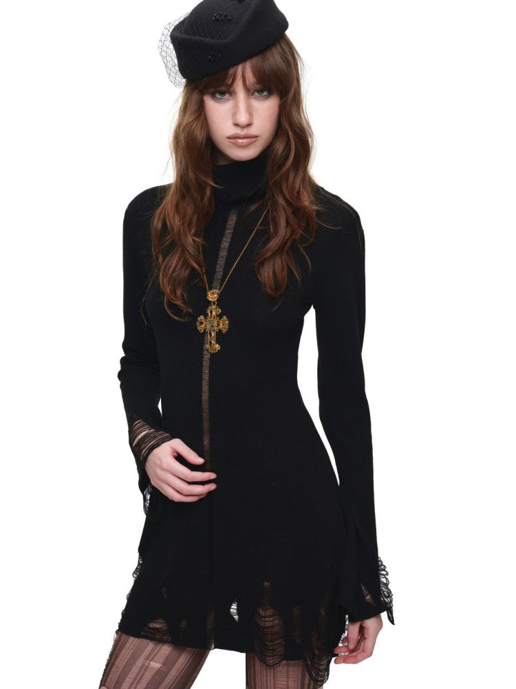 Black Turtleneck Hollow-Out Ripped Knit Dress【s0000018644】