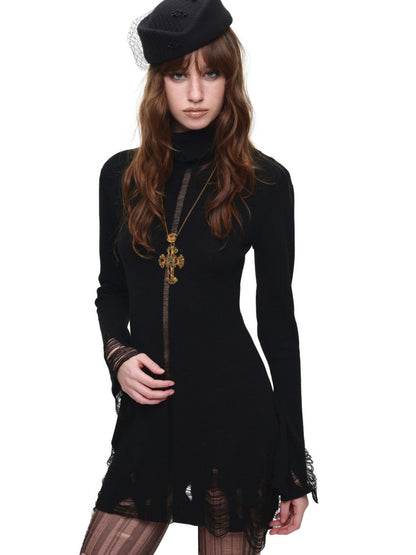 Black Turtleneck Hollow-Out Ripped Knit Dress【s0000018644】