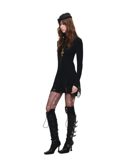 Black Turtleneck Hollow-Out Ripped Knit Dress【s0000018644】