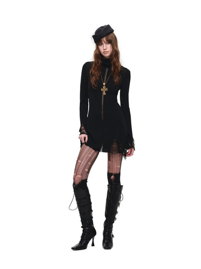 Black Turtleneck Hollow-Out Ripped Knit Dress【s0000018644】