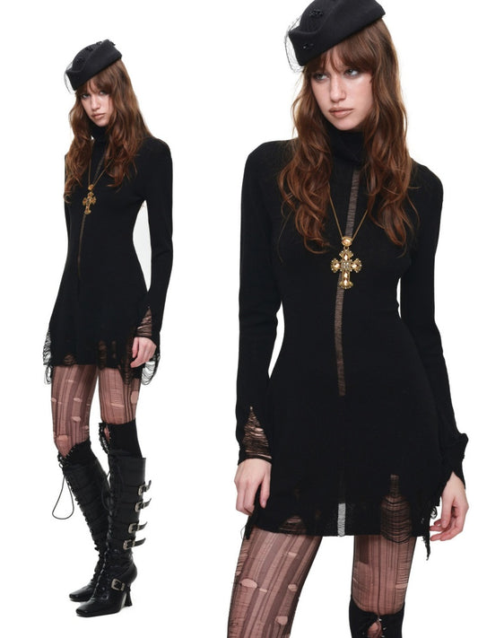 Black Turtleneck Hollow-Out Ripped Knit Dress【s0000018644】