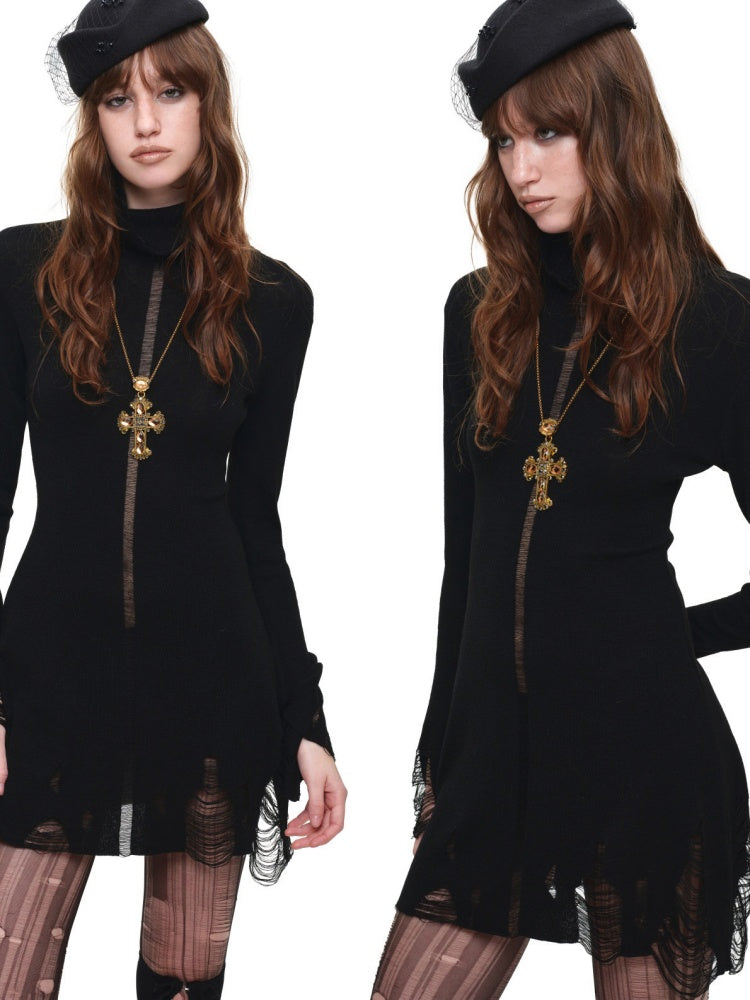 Black Turtleneck Hollow-Out Ripped Knit Dress【s0000018644】