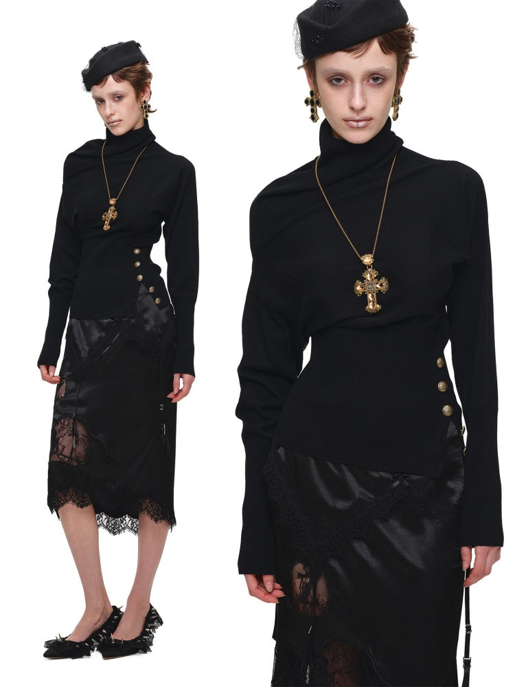 Acetate Cashmere Turtleneck Bat-Sleeve Knit Top【s0000018645】