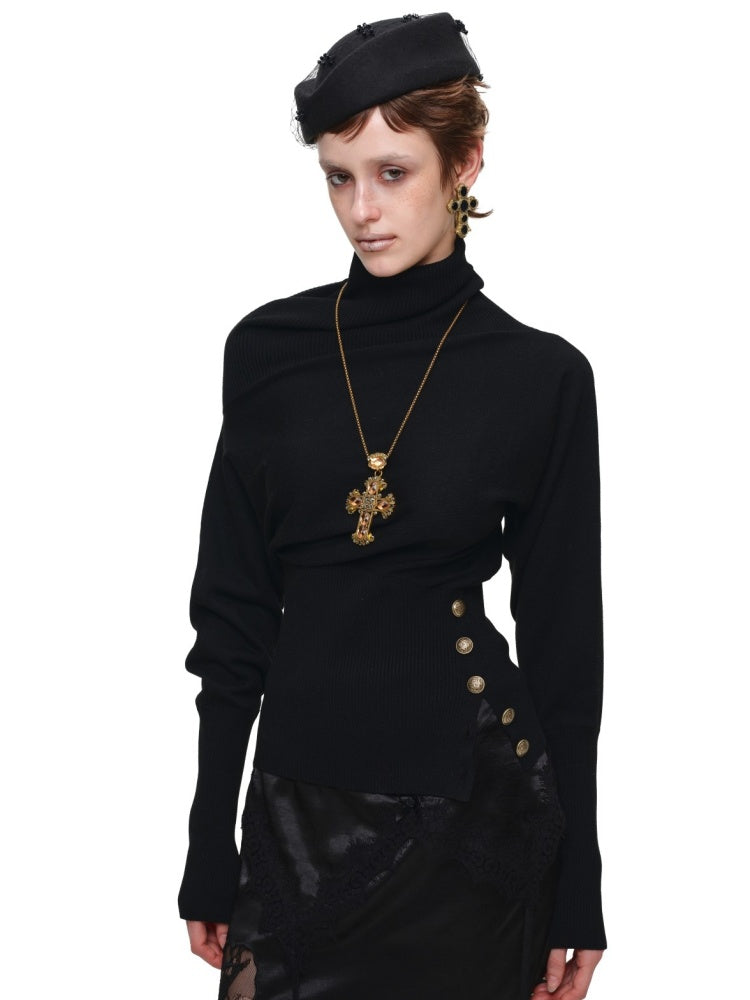 Acetate Cashmere Turtleneck Bat-Sleeve Knit Top【s0000018645】