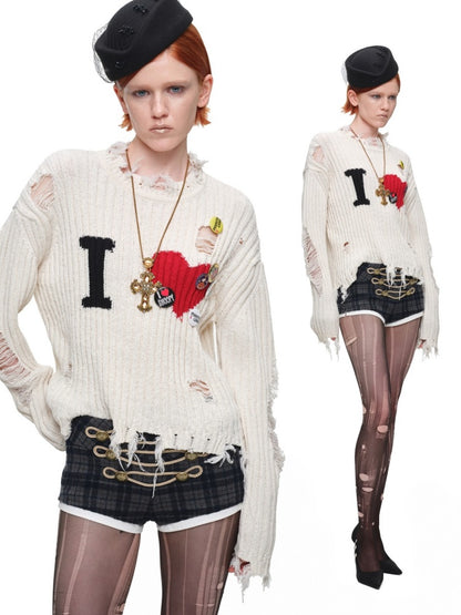 Letter Heart-Shaped Lazy High-End Ripped Pullover Sweater【s0000018646】