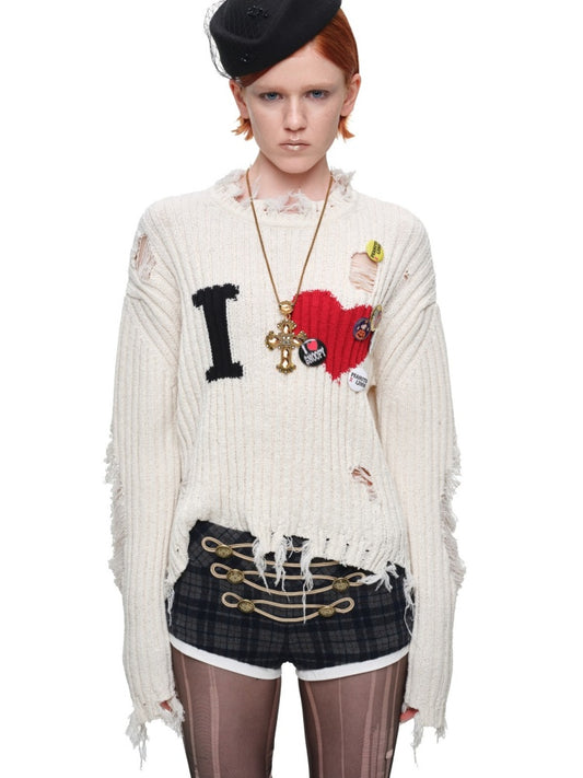 Letter Heart-Shaped Lazy High-End Ripped Pullover Sweater【s0000018646】